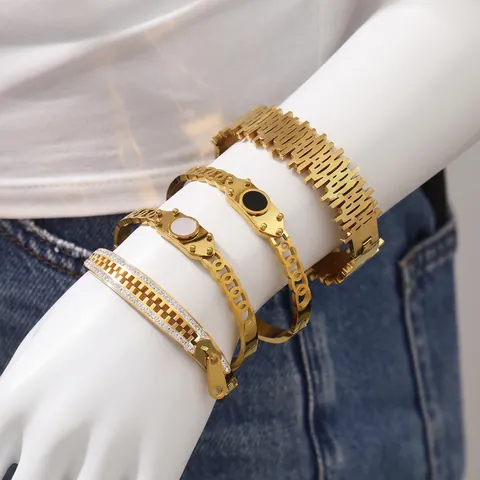 Brazalete De Acero Inoxidable Chapado En Oro Geométrico Hueco Circón Diamante De Imitación Cremallera Cable Trenzado Joyería