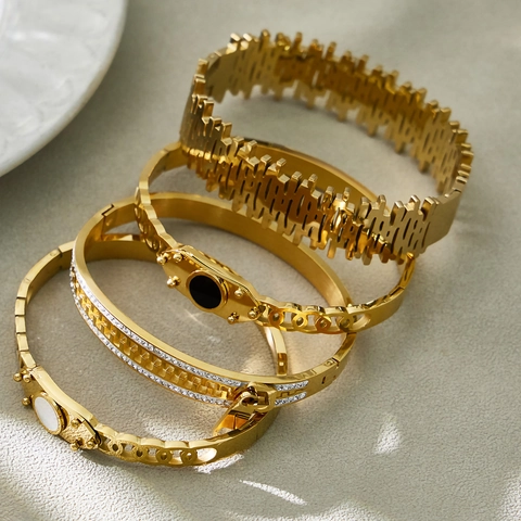 Brazalete De Acero Inoxidable Chapado En Oro Geométrico Hueco Circón Diamante De Imitación Cremallera Cable Trenzado Joyería