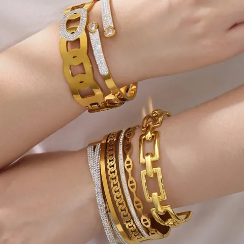 Bracciale Rigido In Acciaio Inossidabile Placcato Oro 18K Geometrico Cavo Zircone 5A Lusso Catena NK Grossa Gioielli Donna