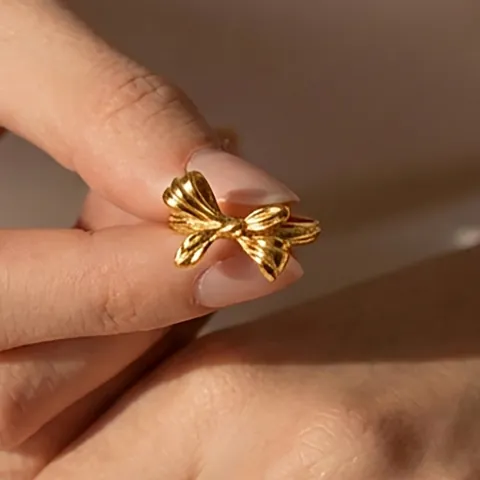 Bowknot Open Ring 18K Gold Plated Stainless Steel Adjustable Vintage Textured Matte Elegant Jewelry For Women