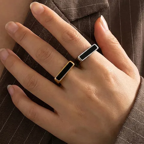 Geometric Square Ring Stainless Steel With Black Acrylic Inlay Minimalist Modern Style Unisex Jewelry Gift