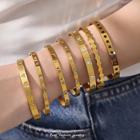 Women Stainless Steel Bangle Bracelet 18K Gold Plated Zircon Inlaid Roman Numeral Geometric Star Heart Bangle Jewelry