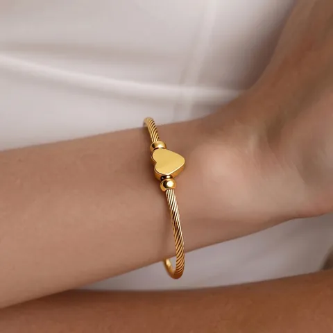 Heart Pendant Twisted Rope Cable Open Bangle Stainless Steel 18K Gold Plated Geometric Fashion Jewelry For Women