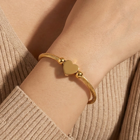 Heart Pendant Twisted Rope Cable Open Bangle Stainless Steel 18K Gold Plated Geometric Fashion Jewelry For Women