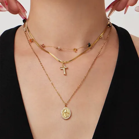 Collana Doppio Strato Placcata Oro Acciaio Inossidabile Ciondolo Croce E Medaglione Vergine Maria Catena Serpente Zircone Donna
