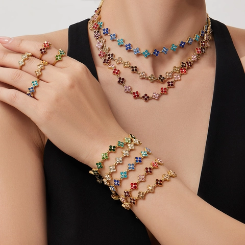 Joyas de Lujo de Acero Inoxidable con Trébol y Zircón para Mujer Chapado en Oro Collar Pulsera Pendientes Anillo Accesorios de Fiesta