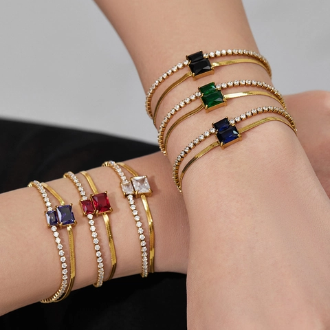 Double Layer Bracelet Stainless Steel Snake Bone And Cubic Zirconia Tennis Chain With Rectangle Crystal For Women Minimalist Fashion