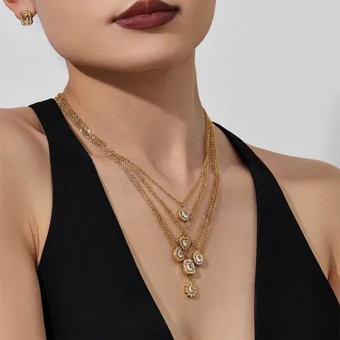 Vintage Stainless Steel Jewelry Necklace And Earrings 18K Gold Plated Water Drop Heart Zircon For Women Luxury Accessory