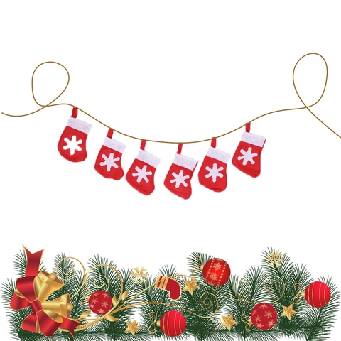 Bandera de Mini Calcetines de Navidad Copo de Nieve y Cuerda Guirnalda Colgante de Tela No Tejida Roja y Blanca Fiesta