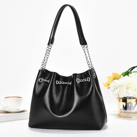 Borsa A Secchiello Elegante In Pelle PU Donna Coulisse Grande Capacità Borsa A Spalla Tracolla Con Catena Argento Versatile