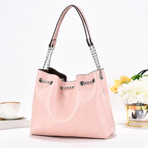 Borsa A Secchiello Elegante In Pelle PU Donna Coulisse Grande Capacità Borsa A Spalla Tracolla Con Catena Argento Versatile