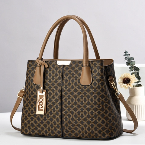 Vintage Druck Große Kapazität Damen Tote Bag Kunstleder Handtasche Schulter Umhängetasche Mit Metall Logo Anhänger Für Alltag