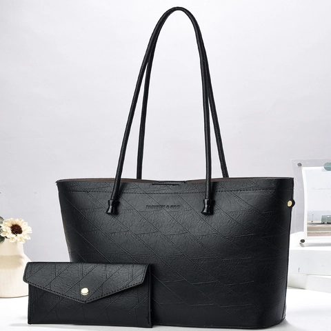 Women PU Leather Tote Bag And Wallet Embossed Texture Large Capacity Commuter Single Shoulder Underarm Handbag