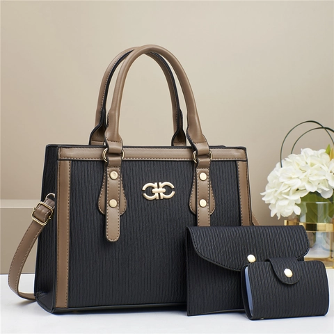 Borsa A Mano Da Donna In Pelle PU Tote Busta Clutch E Porta Carte A Righe Trama Verticale Color Block Ufficio Quotidiano