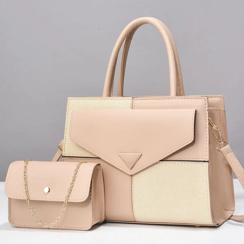 Women Fashion Handbag And Mini Chain Bag PU Leather Contrast Color Stitching Shoulder Crossbody Tote Triangular Decor