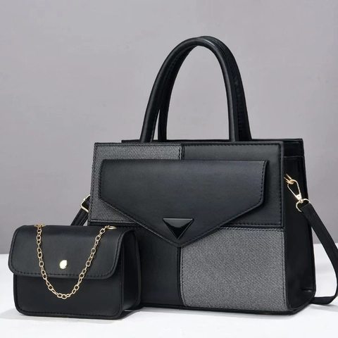 Women Fashion Handbag And Mini Chain Bag PU Leather Contrast Color Stitching Shoulder Crossbody Tote Triangular Decor