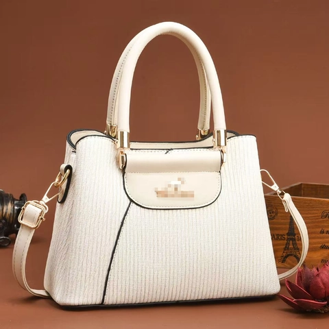 Borsa a Mano da Donna in Pelle PU con Motivo a Onde Verticali Tre Strati Grande Capacità Borsa a Spalla Elegante Borsa a Tracolla