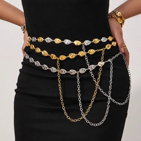 Stainless Steel Irregular Metal Link Necklace Bracelet Waist Chain Waterproof Hypoallergenic Abstract Face Jewelry Women