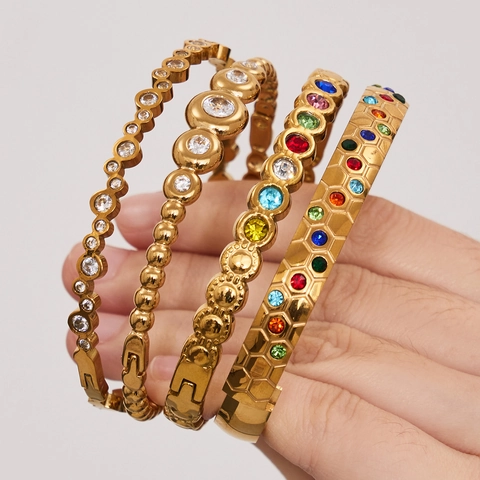 Roestvrijstalen Armbanden Armringen 18K Verguld Veelkleurige Zirkoon Honingraat Geometrisch Stapelbaar Luxe Vrouwen