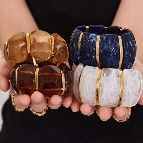 Vintage Chunky Resin Stainless Steel Bracelet For Women Geometric Elastic Acrylic Bangle Fashion Minimalist Cuff Bracelet Jewelry