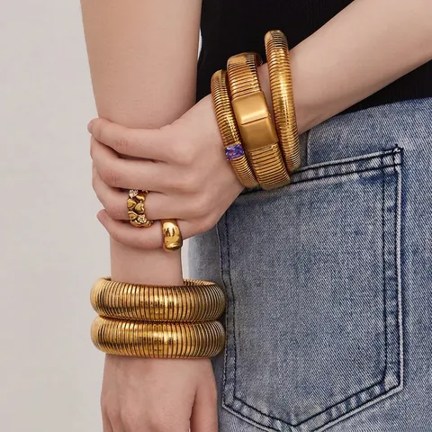 Stainless Steel Tubogas Elastic Bracelet With Zirconia Inlay Gold Silver Plated Minimalist Niche Jewelry For Women Fashion Accessory