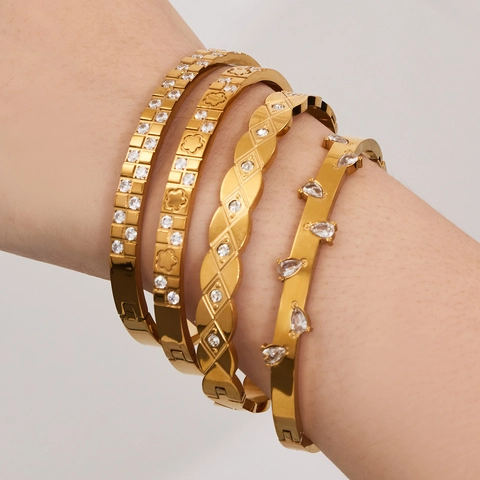 Luxury Fashion Geometric Water Drop Rhinestone Bangle Stainless Steel Gold Silver Plated Bangle Bracelet Women Jewelry