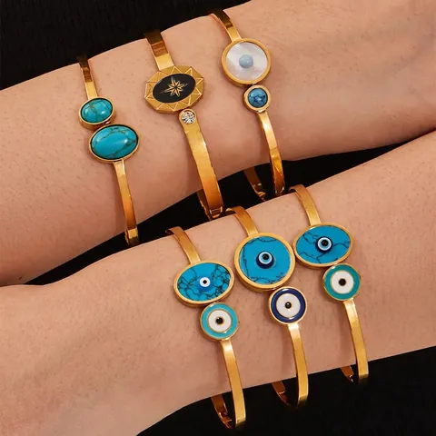 Brazalete De Acero Inoxidable Con Ojo Turco Turquesa Nácar Estrella Joyería Bohemio Impermeable Para Mujer