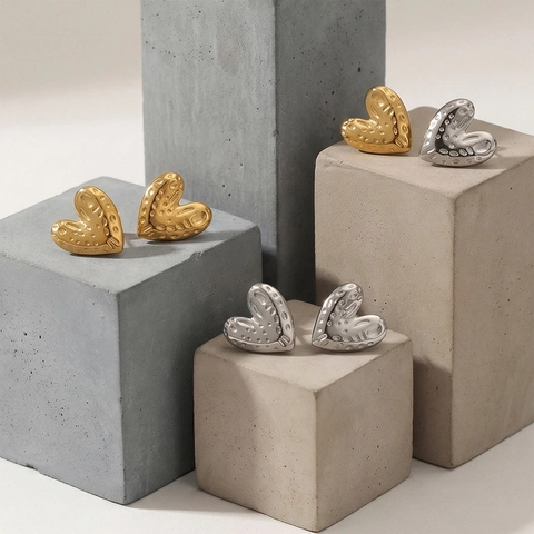 Pendientes De Botón Corazón Martillado Acero Inoxidable Chapado En Oro 18K Impermeable Hipoalergénico Vintage Mujer