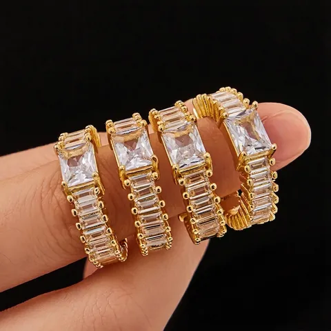 Bague Ajustable En Cuivre Plaqué Or Avec Zircons Baguette Design Géométrique Luxe Mode Pour Femmes