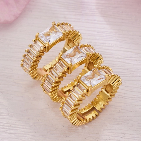 Bague Ajustable En Cuivre Plaqué Or Avec Zircons Baguette Design Géométrique Luxe Mode Pour Femmes