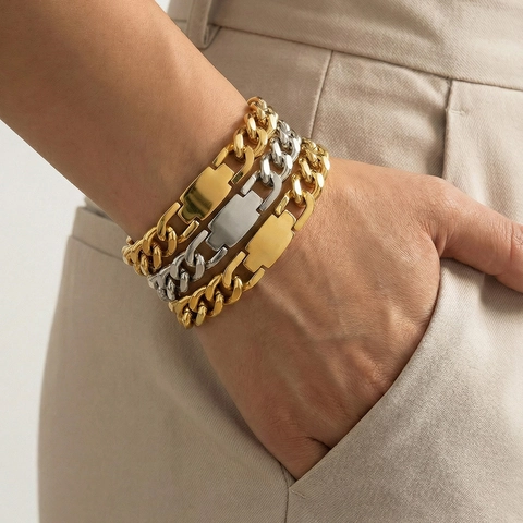 Bracciale A Catena Cuban Link In Acciaio Inossidable Per Donna Uomo Hip Hop Minimalista Gioielli Con Piastre ID