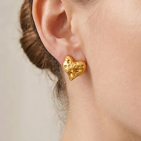 Heart Stud Earrings Stainless Steel 18K Gold Plated Hammered Texture Vintage Melted Lava Style Jewelry For Women