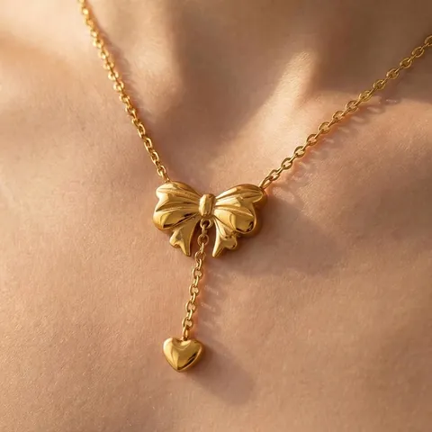 Collana Con Ciondolo A Fiocco Cuore E Orecchini Pendenti Acciaio Inossidabile Placcato Oro Trendy Minimalista Per Donna