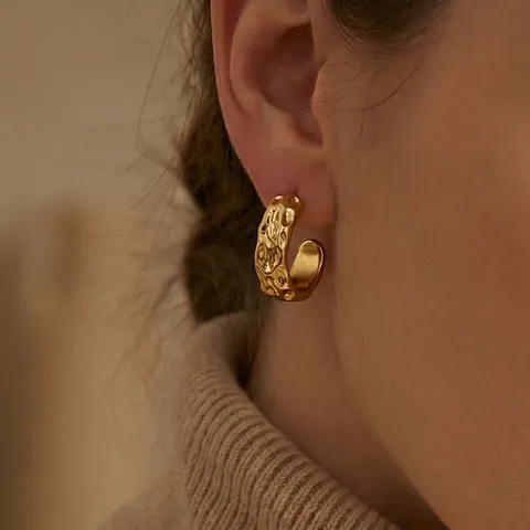 Pendientes De Aro En C De Acero Inoxidable Con Textura De Lava Irregular Pendientes De Botón Joyería Elegante Para Mujer