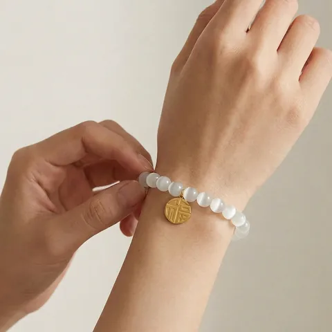 Bracciale Di Perline Occhio Di Gatto Con Ciondolo Rotondo In Acciaio Inossidabile Gioielli Elastici Da Donna