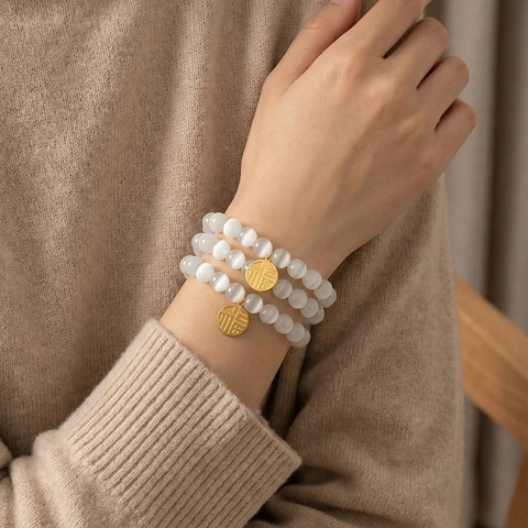 Bracciale Di Perline Occhio Di Gatto Con Ciondolo Rotondo In Acciaio Inossidabile Gioielli Elastici Da Donna