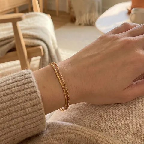 Pulsera De Doble Capa De Acero Inoxidable Para Mujer Cuentas Minimalistas Y Cadena De Serpiente Joyería Chapada En Oro Ajustable