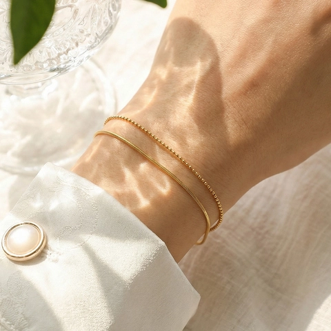 Pulsera De Doble Capa De Acero Inoxidable Para Mujer Cuentas Minimalistas Y Cadena De Serpiente Joyería Chapada En Oro Ajustable