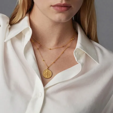 Evil Eye Round Coin Pendant Double Layer Necklace Stainless Steel Gold Plated Beaded Satellite Chain Boho Jewelry Women