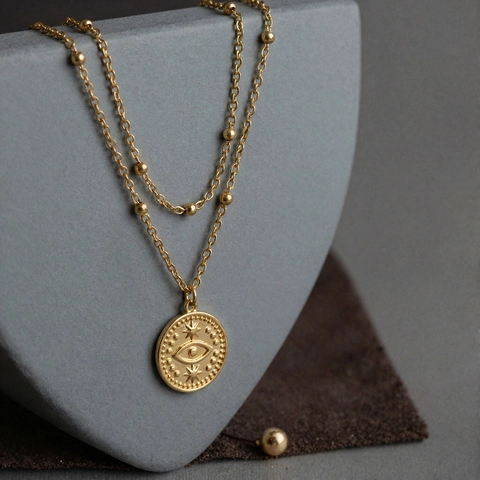 Evil Eye Round Coin Pendant Double Layer Necklace Stainless Steel Gold Plated Beaded Satellite Chain Boho Jewelry Women