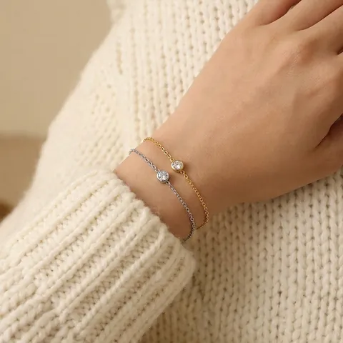Bracciale A Catena In Acciaio Inossidabile Da Donna Con Zircone Rotondo Castone Placcato Oro 18K Gioielli Minimalisti
