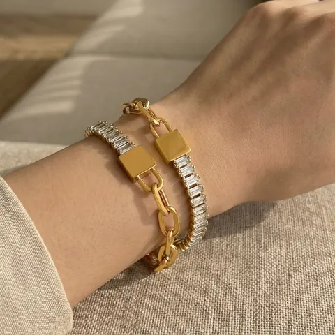 Baguette Cubic Zirconia Mixed Stainless Steel Link Chain Bracelet Square Tag Minimalist Fashion Jewelry For Women