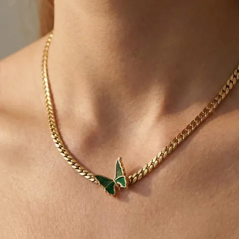 Vlinder Hanger Ketting Roestvrij Staal 18K Verguld Groen Emaille Druppelolie Cubaanse Schakelketting Sieraden Voor Dames