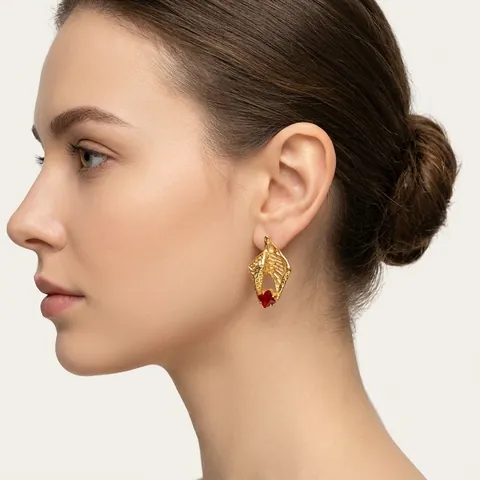 Vintage Lava Textuur Geometrische Schelp Oorbellen Roestvrij Staal Met Rode Zirkoon Dames Franse Stijl Luxe