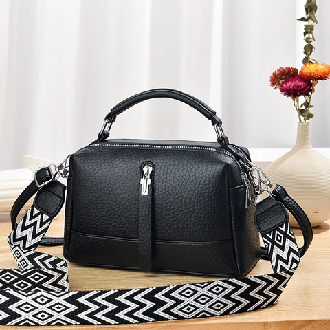 Women Crossbody Shoulder Bag PU Leather Lychee Texture Wide Geometric Strap Double Zipper Fashion Handheld Handbag Daily