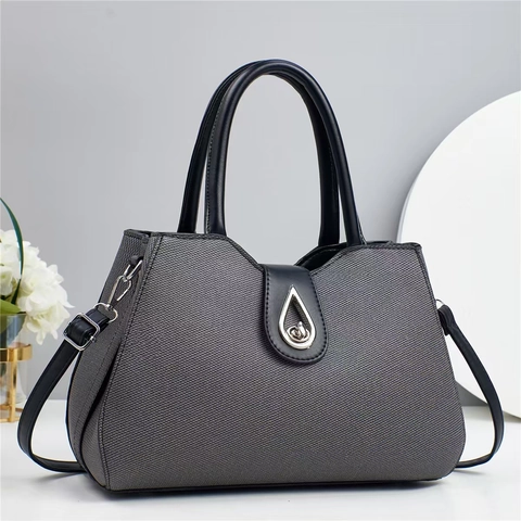 Women Chic Handbag With Textured Fabric And PU Leather Trim Large Capacity Shoulder Crossbody Bag With Metal Lock