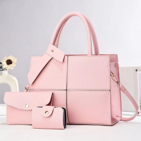 Fashionable Women Lychee Pattern PU Leather Tote Handbag Pouch And Card Holder Elegant Stitching Design Gold Hardware
