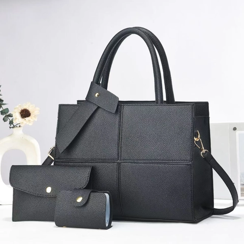 Fashionable Women Lychee Pattern PU Leather Tote Handbag Pouch And Card Holder Elegant Stitching Design Gold Hardware