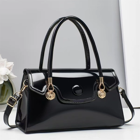 Women Patent Leather Handbag Trendy Small Square Shoulder Crossbody Bag With Wave Flap And Gold Shell Hardware