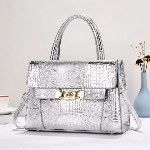 Borsa A Mano In Pelle PU Con Motivo Coccodrillo Elegante Chiusura In Metallo Dorato Manico Superiore Borsa A Tracolla Da Donna